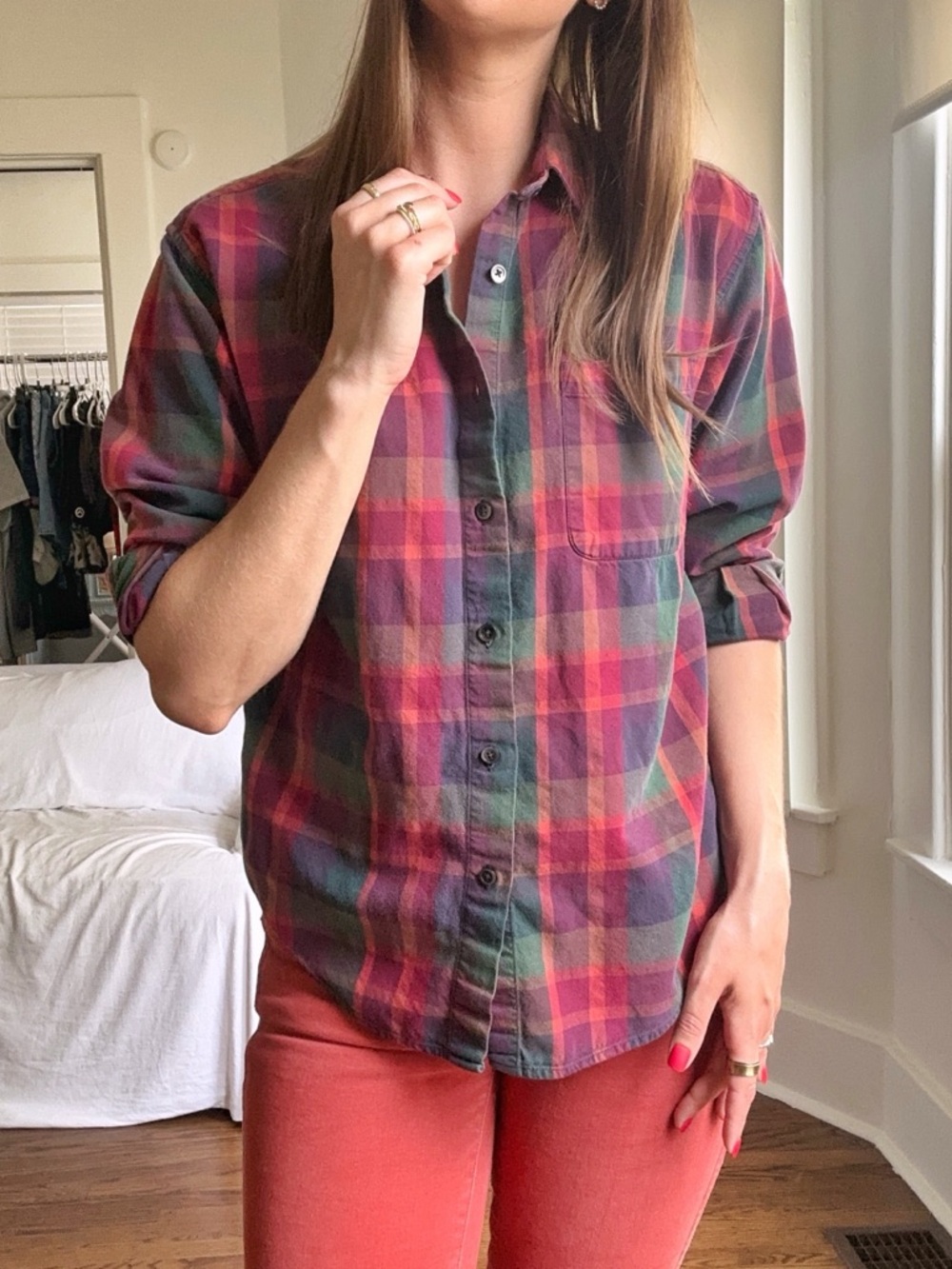 Vintage Eddie Bauer Plaid Button Down Shirt Warm Tones Cotton